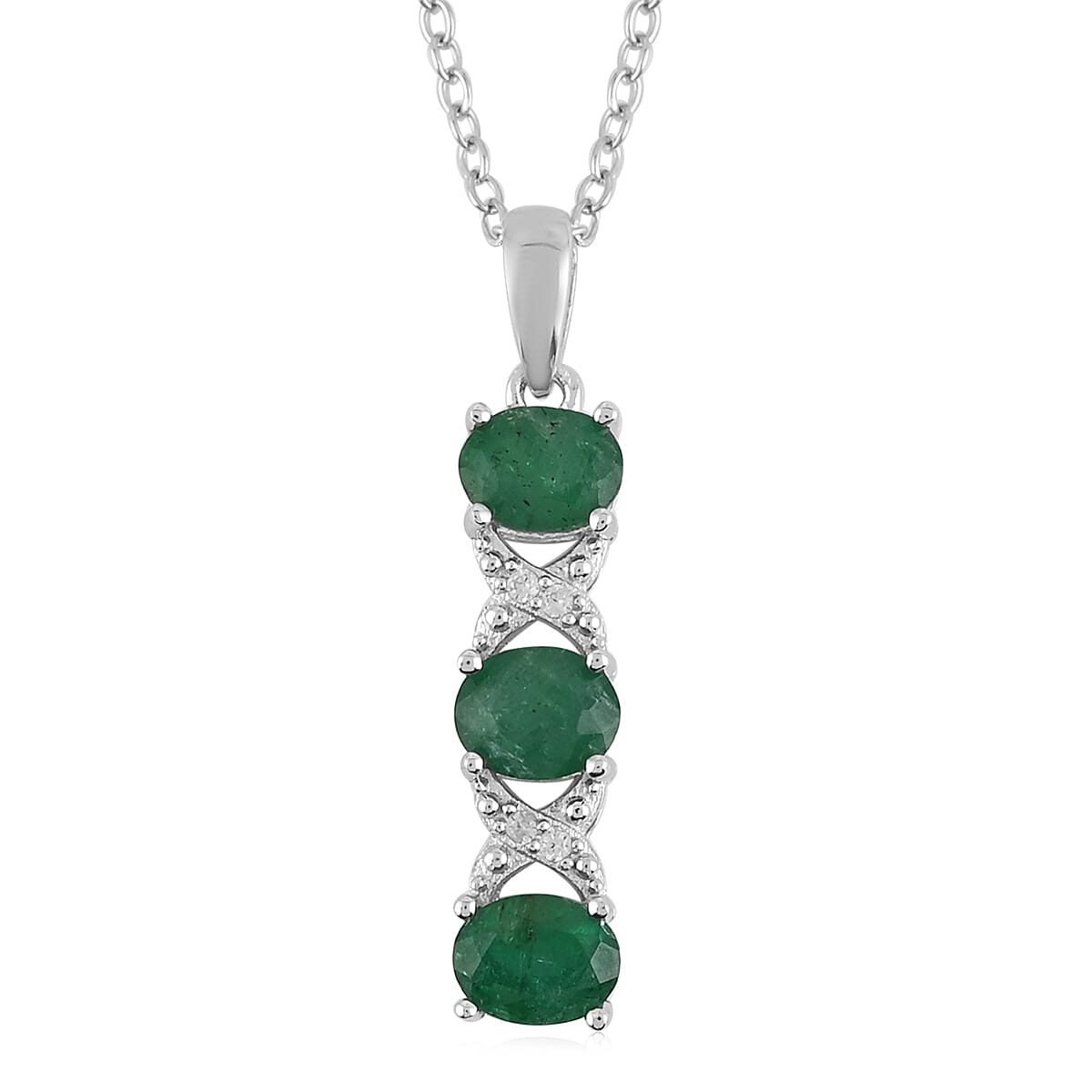 AAA Kagem Emerald and Natural White Zircon Pendant Necklace 18 Inches in Rhodium Over Sterling Silver 1.00 ctw
