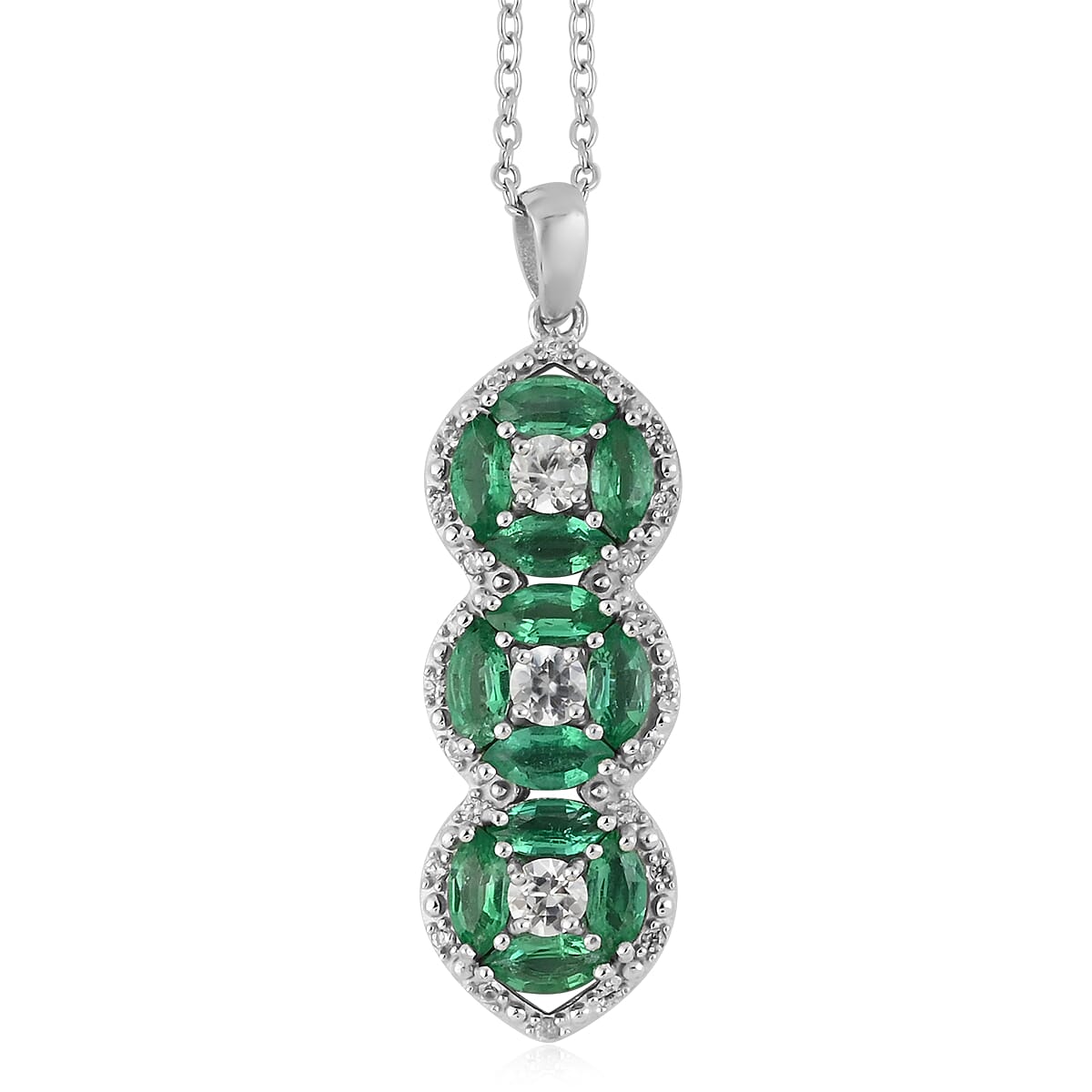 AAA Kagem Emerald and Natural White Zircon Line Pendant Necklace 20 Inches in Sterling Silver 2.00 ctw