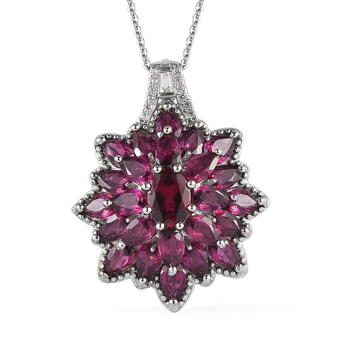 Orissa Rhodolite Garnet and White Zircon Cocktail Pendant Necklace 20 Inches in Platinum Over Sterling Silver 6.85 ctw