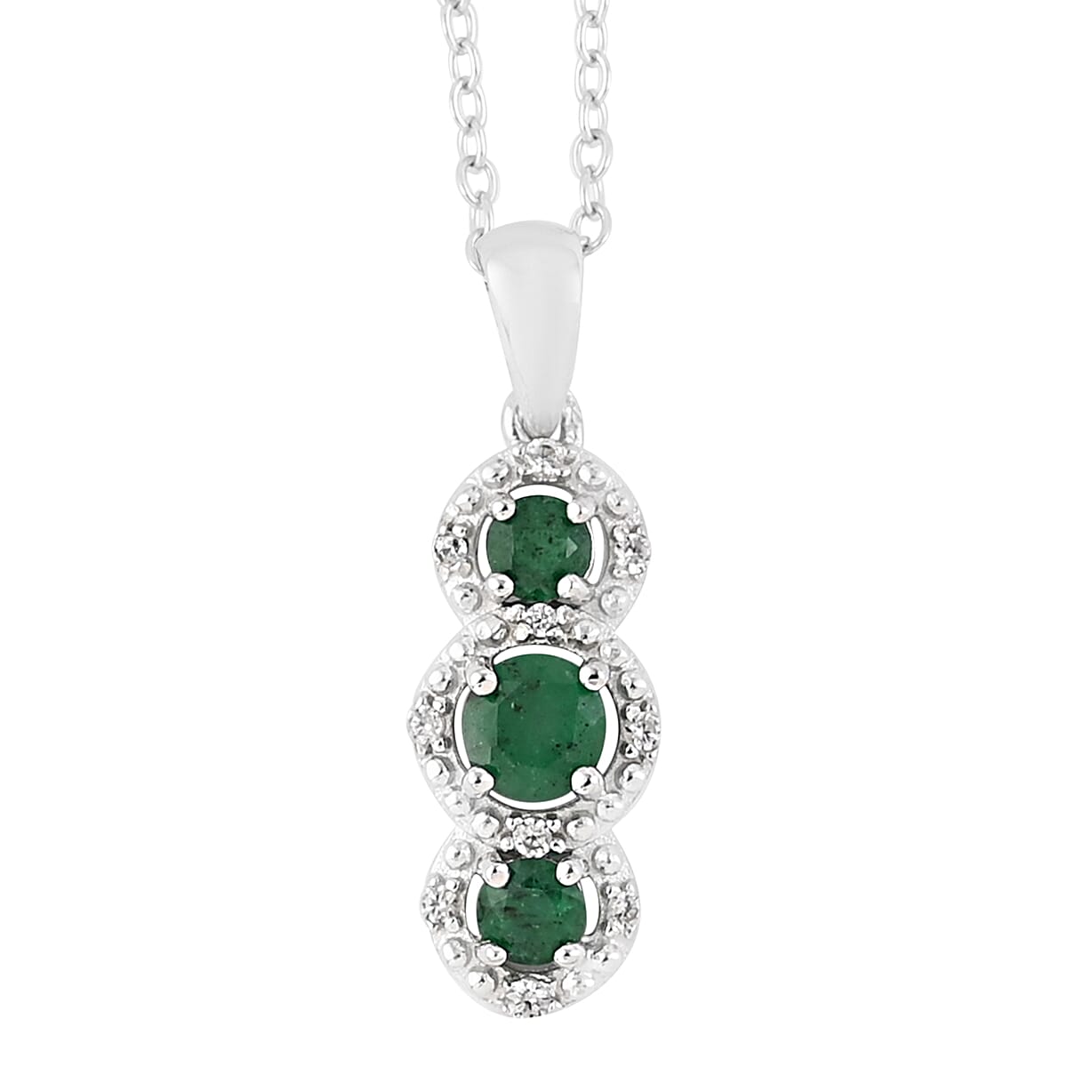 AAA Kagem Emerald and Natural White Zircon Drop Pendant Necklace 18 Inches in Rhodium Over Sterling Silver 0.50 ctw