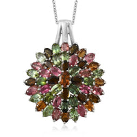 Multi-Tourmaline Floral Pendant Necklace 20 Inches in Platinum Over Sterling Silver 10.15 Grams 12.00 ctw