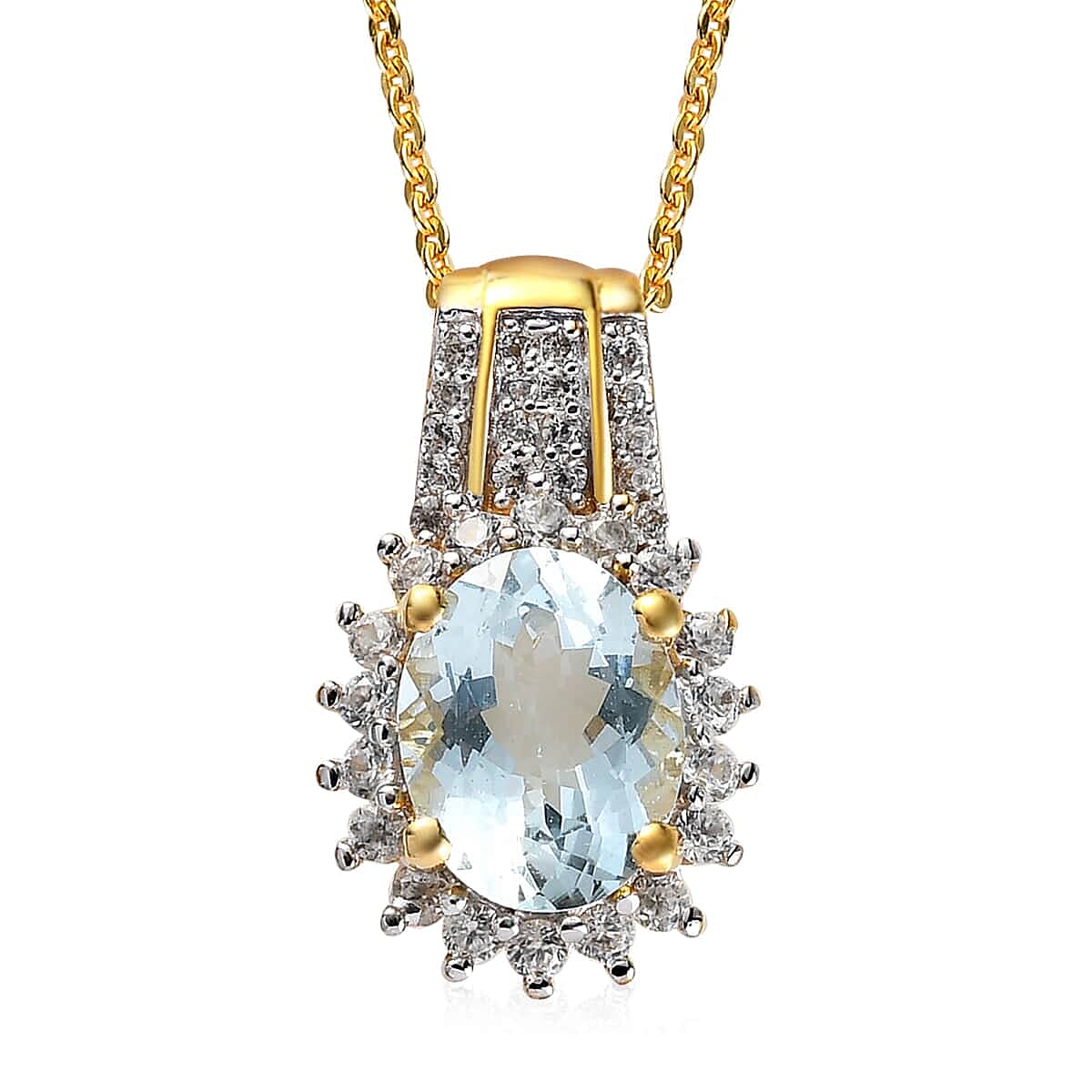 Mangoro Aquamarine and Natural White Zircon Floral Pendant Necklace 20 Inches in Vermeil Yellow Gold Over Sterling Silver 2.10 ctw