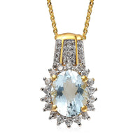 Mangoro Aquamarine and Natural White Zircon Floral Pendant Necklace 20 Inches in Vermeil Yellow Gold Over Sterling Silver 2.10 ctw