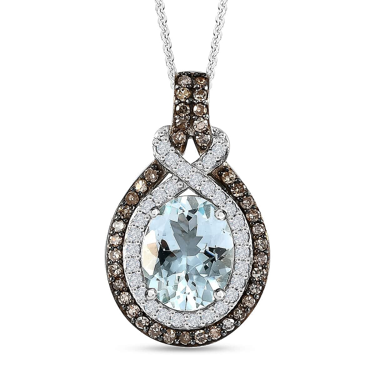 Mangoro Aquamarine Pendant Necklace, Diamond Halo Pendant in Platinum Plated Sterling Silver, Diamond Jewelry Gift For Women, Gifts For Anniversary