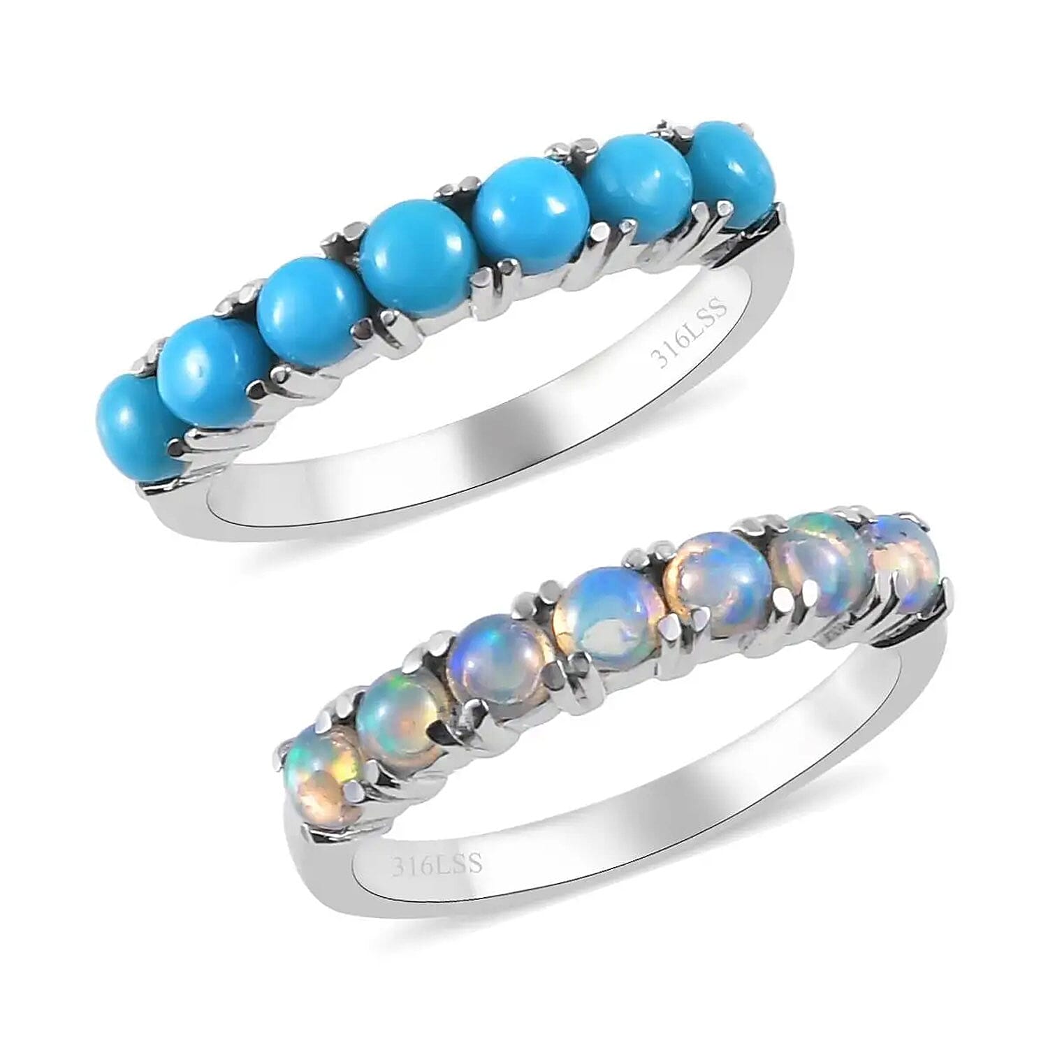AMERICAN Natural Sleeping Beauty Turquoise and Ethiopian Welo Opal 7 Stone Stackable Ring in Stainless Steel 1.40 ctw