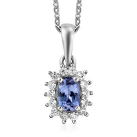 Tanzanite and Natural White Zircon Halo Pendant Necklace 20 Inches in Platinum Over Sterling Silver 1.15 ctw