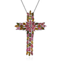 Premium Multi-Tourmaline Cross Pendant Necklace (20 Inches) in Platinum Over Sterling Silver 7.25 ctw