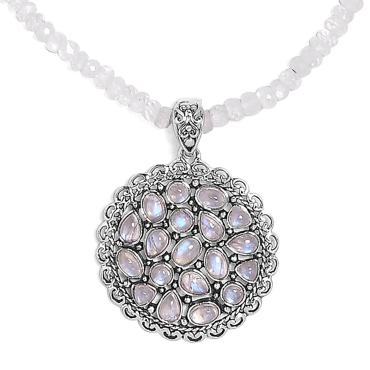 Artisan Crafted Kuisa Rainbow Moonstone Pendant with Beaded Necklace 20 Inches in Platinum Over Sterling Silver 85.40 ctw