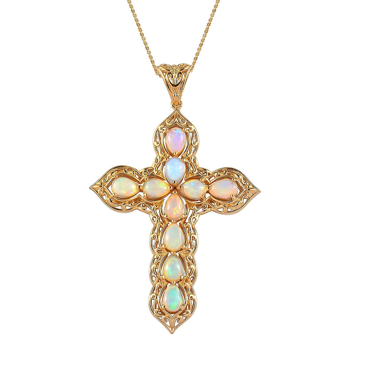 Premium Ethiopian Welo Opal Cross Pendant Necklace in Vermeil Yellow Gold Over Sterling Silver (20 Inches) 4.85 ctw