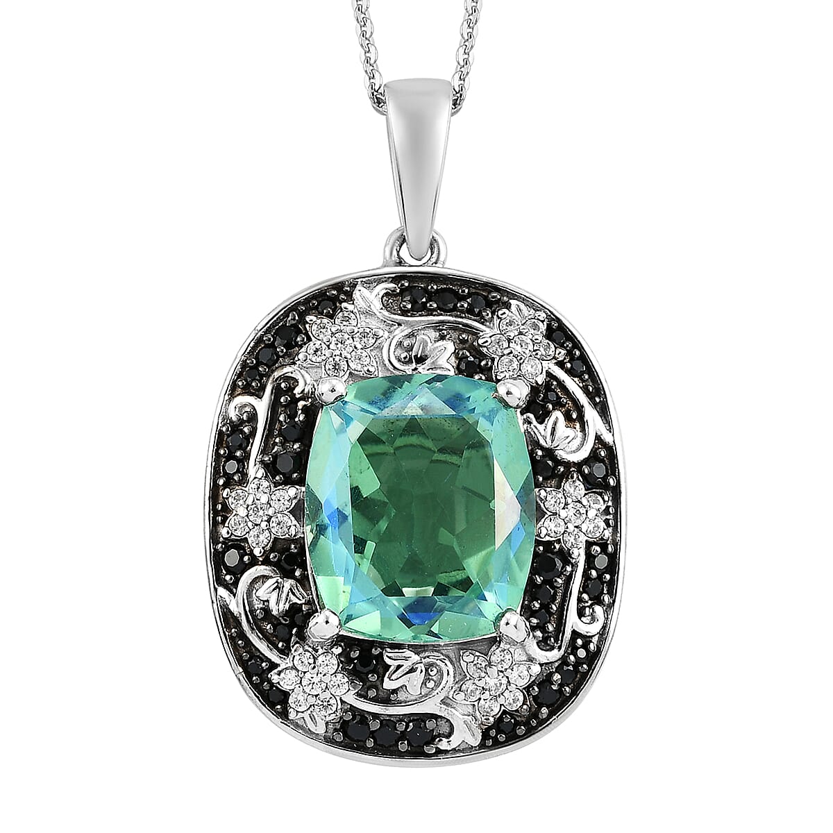 Peacock Quartz (Triplet) and Multi Gemstone Floral Pendant Necklace 20 Inches in Platinum Over Sterling Silver 9.35 ctw