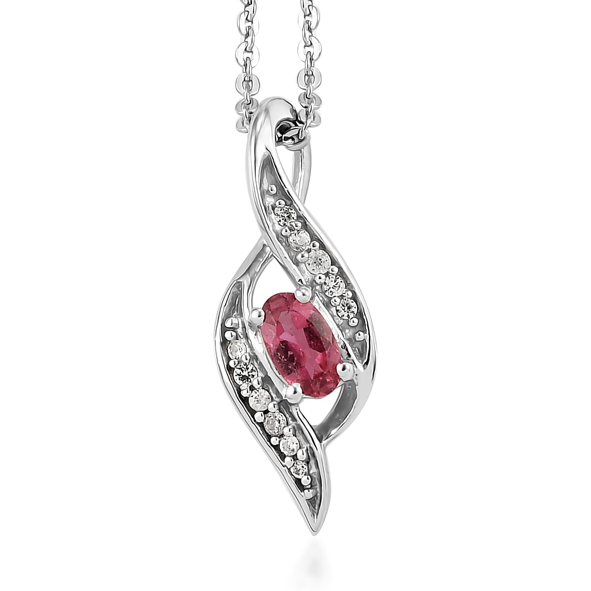 Ouro Fino Rubellite and White Zircon Pendant Necklace 20 Inches in Platinum Over Sterling Silver 0.30 ctw