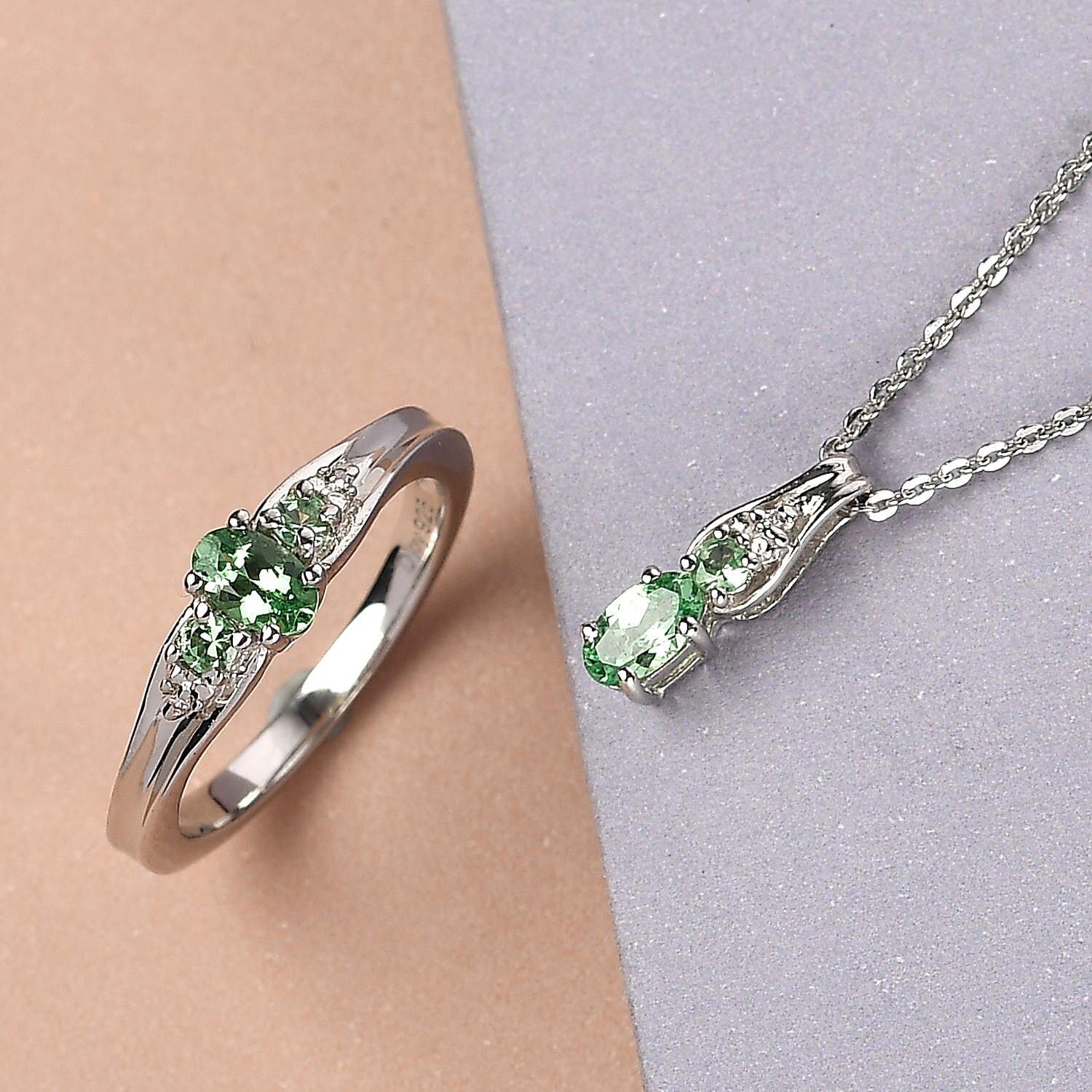Natural Tsavorite Garnet and Diamond Accent Ring and Pendant Necklace 20 Inches in Platinum Over Sterling Silver 0.60 ctw