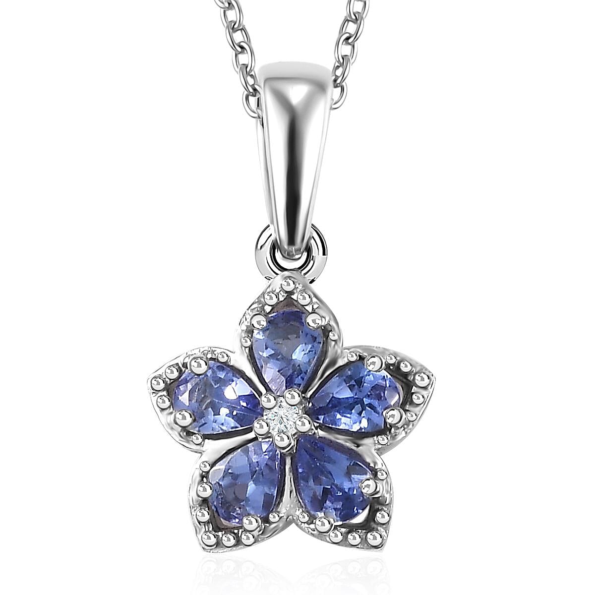 AAA Tanzanite and Natural White Zircon Floral Pendant Necklace 20 Inches in Platinum Over Sterling Silver 0.85 ctw