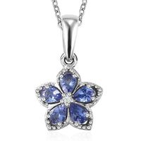 AAA Tanzanite and Natural White Zircon Floral Pendant Necklace 20 Inches in Platinum Over Sterling Silver 0.85 ctw