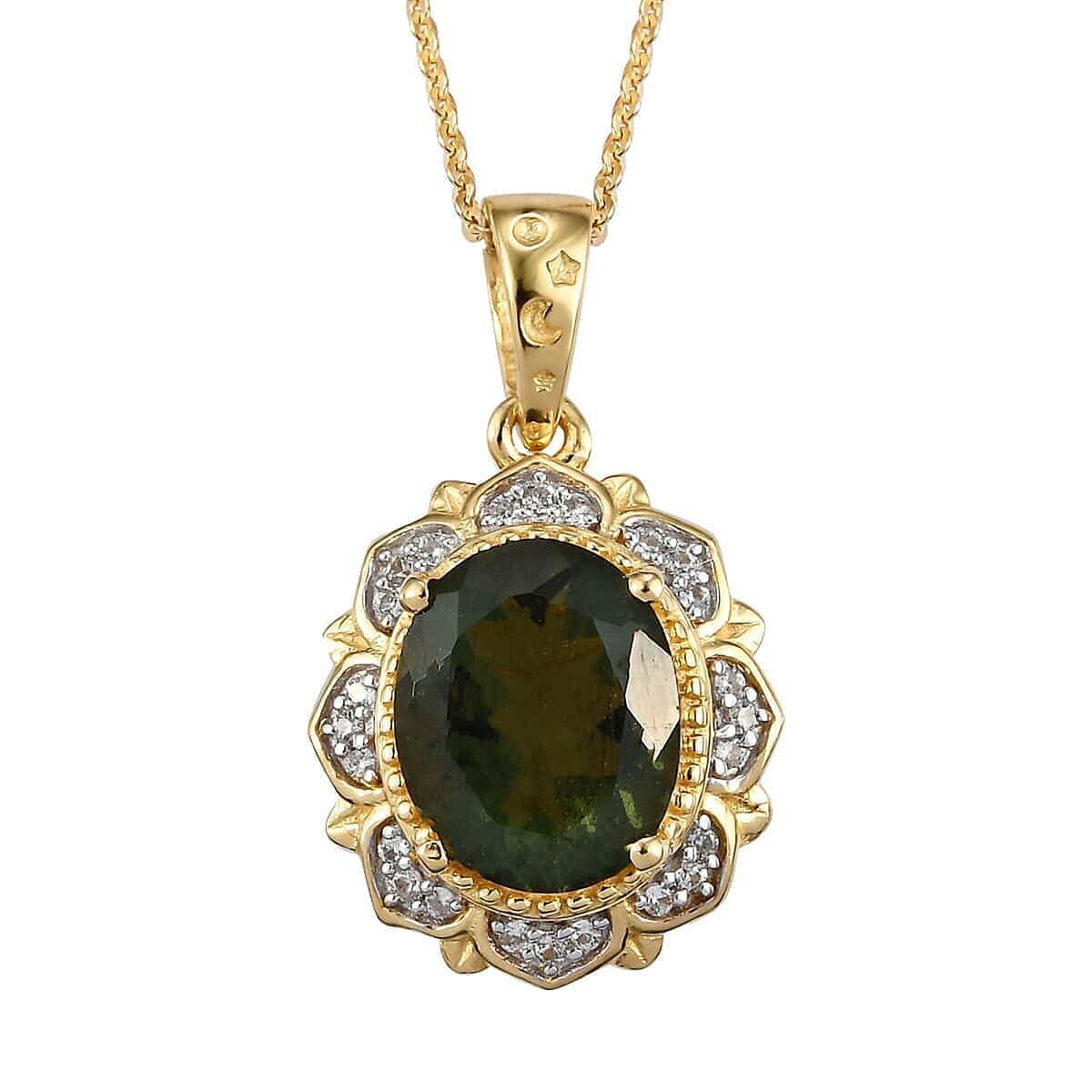 AAA Bohemian Moldavite and White Zircon Floral Pendant Necklace 20 Inches in Vermeil Yellow Gold Over Sterling Silver 2.25 ctw