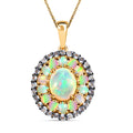 Premium Ethiopian Welo Opal and Tanzanite Double Halo Pendant Necklace 20 Inches in Vermeil Yellow Gold Over Sterling Silver 7.35 Grams 5.60 ctw - Sticky add to cart bar