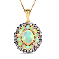 Premium Ethiopian Welo Opal and Tanzanite Double Halo Pendant Necklace 20 Inches in Vermeil Yellow Gold Over Sterling Silver 7.35 Grams 5.60 ctw