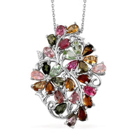 Multi-Tourmaline Floral Pendant Necklace 20 Inches in Platinum Over Sterling Silver 5.35 ctw