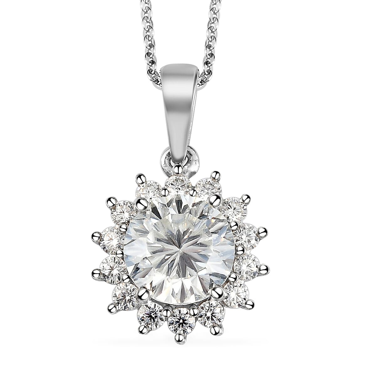 Concave Cut Moissanite VS-EF Sunburst Pendant Necklace 20 Inches in Platinum Over Sterling Silver 2.60 ctw