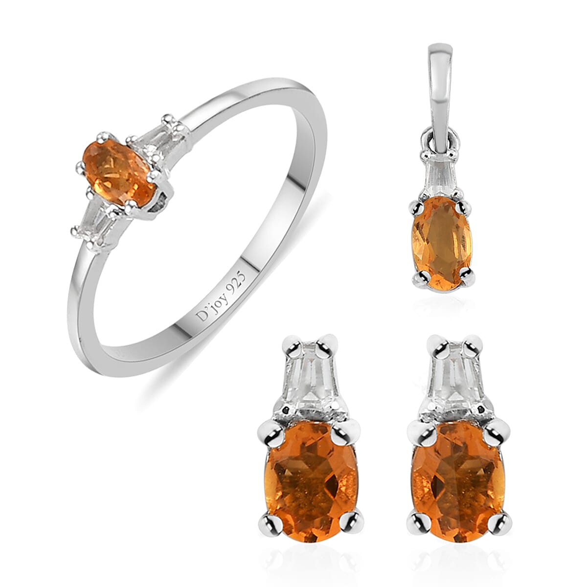 TLV Salamanca Fire Opal, White Topaz Earrings, Ring (Size 5.0) and Pendant in Platinum Over Sterling Silver 0.80 ctw