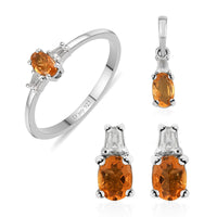 TLV Salamanca Fire Opal, White Topaz Earrings, Ring (Size 5.0) and Pendant in Platinum Over Sterling Silver 0.80 ctw