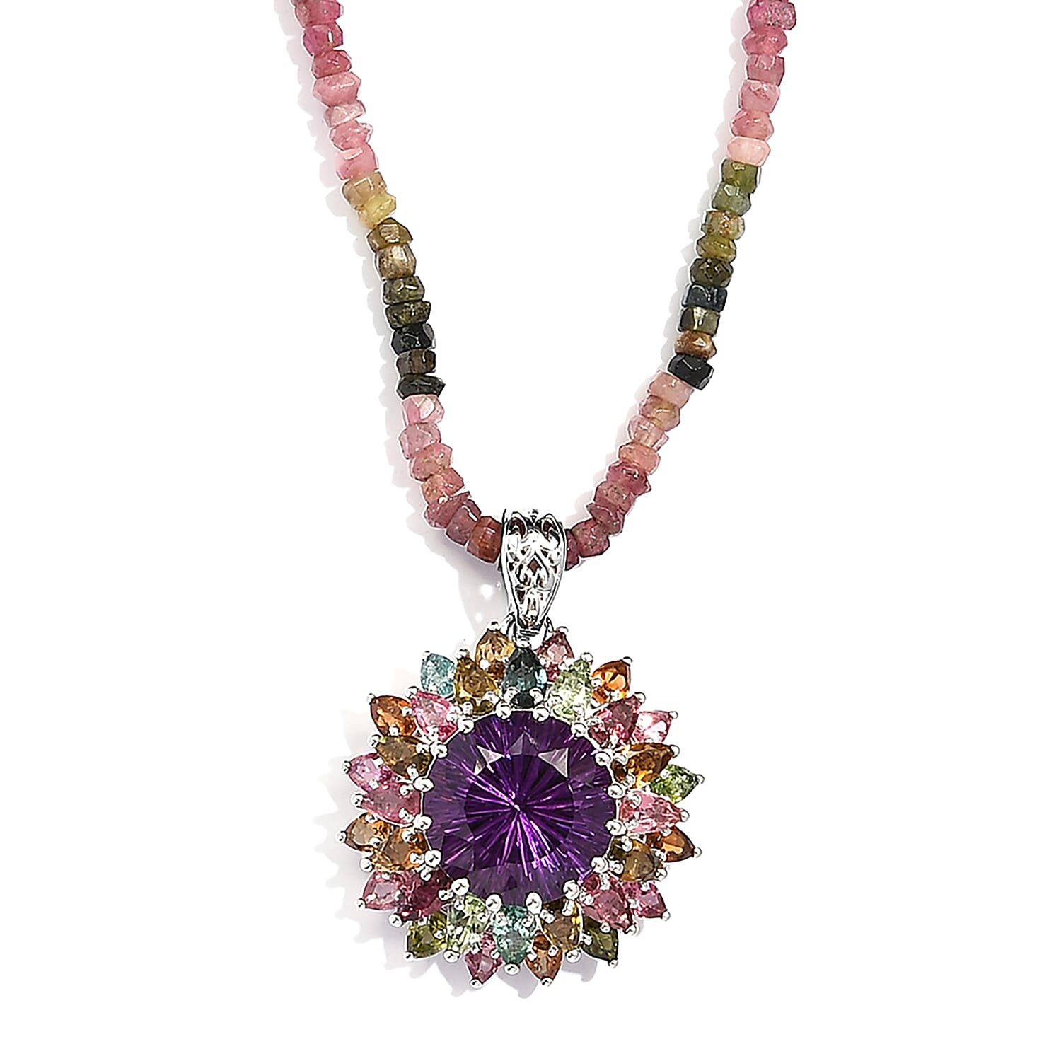 Hanabi Cut Zambian Amethyst, Multi-Tourmaline Firework Pendant with Beaded Necklace (20 Inches) in Platinum Over Sterling Silver (17.70 g) 50.75 ctw