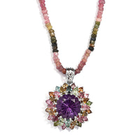 Hanabi Cut Zambian Amethyst, Multi-Tourmaline Firework Pendant with Beaded Necklace (20 Inches) in Platinum Over Sterling Silver (17.70 g) 50.75 ctw