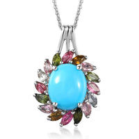 TLV AMERICAN Natural Sleeping Beauty Turquoise, Multi-Tourmaline Halo Pendant Necklace (20 Inches) in Platinum Over Sterling Silver 4.30 ctw
