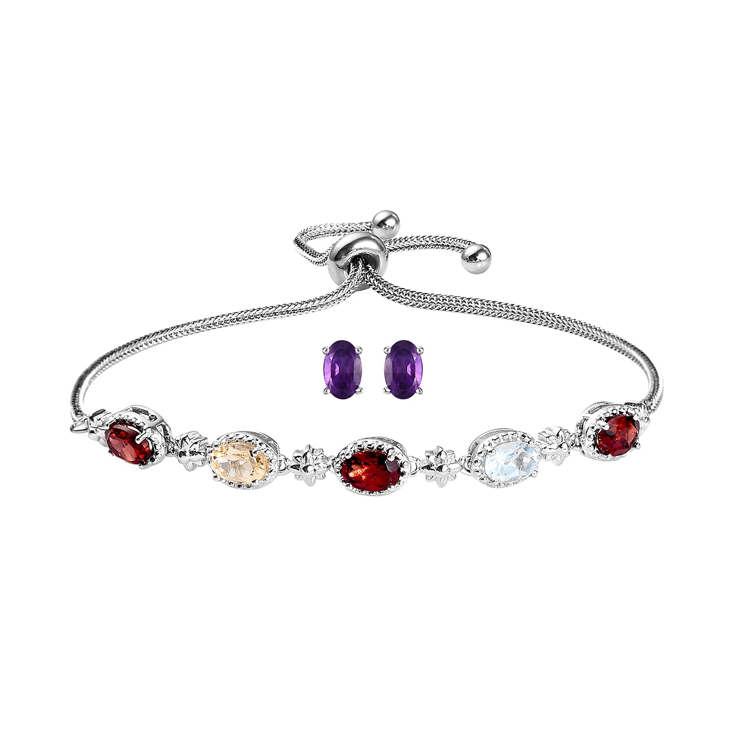 KARIS Amethyst and Multi Gemstone Stud Earrings and Bolo Bracelet in Platinum Bond and Stainless Steel 3.80 ctw