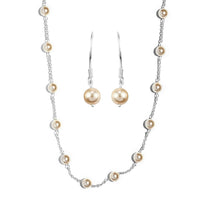 Light Gold Pearl Crystal Station Necklace 20 Inches and Earrings in Sterling Silver