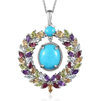 Sleeping Beauty Turquoise and Multi Gemstone Pendant Necklace 20 Inches in Platinum Over Sterling Silver 9.00 ctw