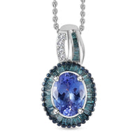 Peacock Tanzanite Necklace in Sterling Silver, Blue Diamond Halo Pendant, Diamond Pendant 1.35 ctw (20 Inches)