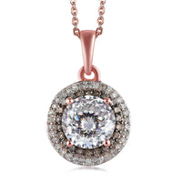 120 Facet Moissanite, Natural Champagne and White Diamond Double Halo Pendant Necklace 20 Inches in Vermeil RG Over Sterling Silver 2.10 ctw