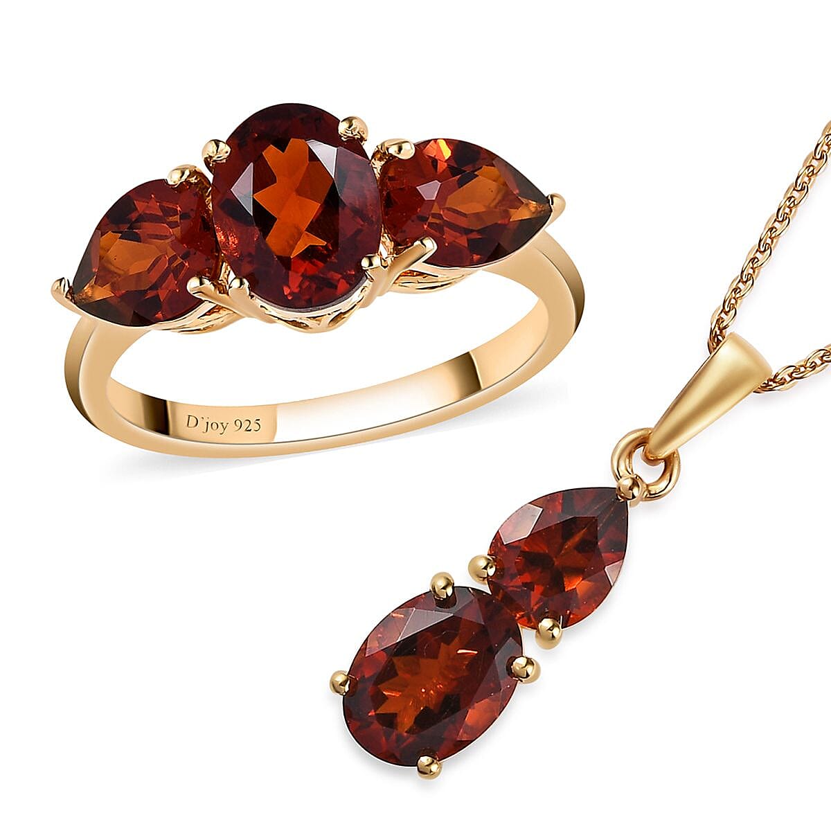 Brazilian Cherry Citrine 3 Stone Ring and Pendant Necklace 20 Inches in Vermeil Yellow Gold Over Sterling Silver 4.15 ctw