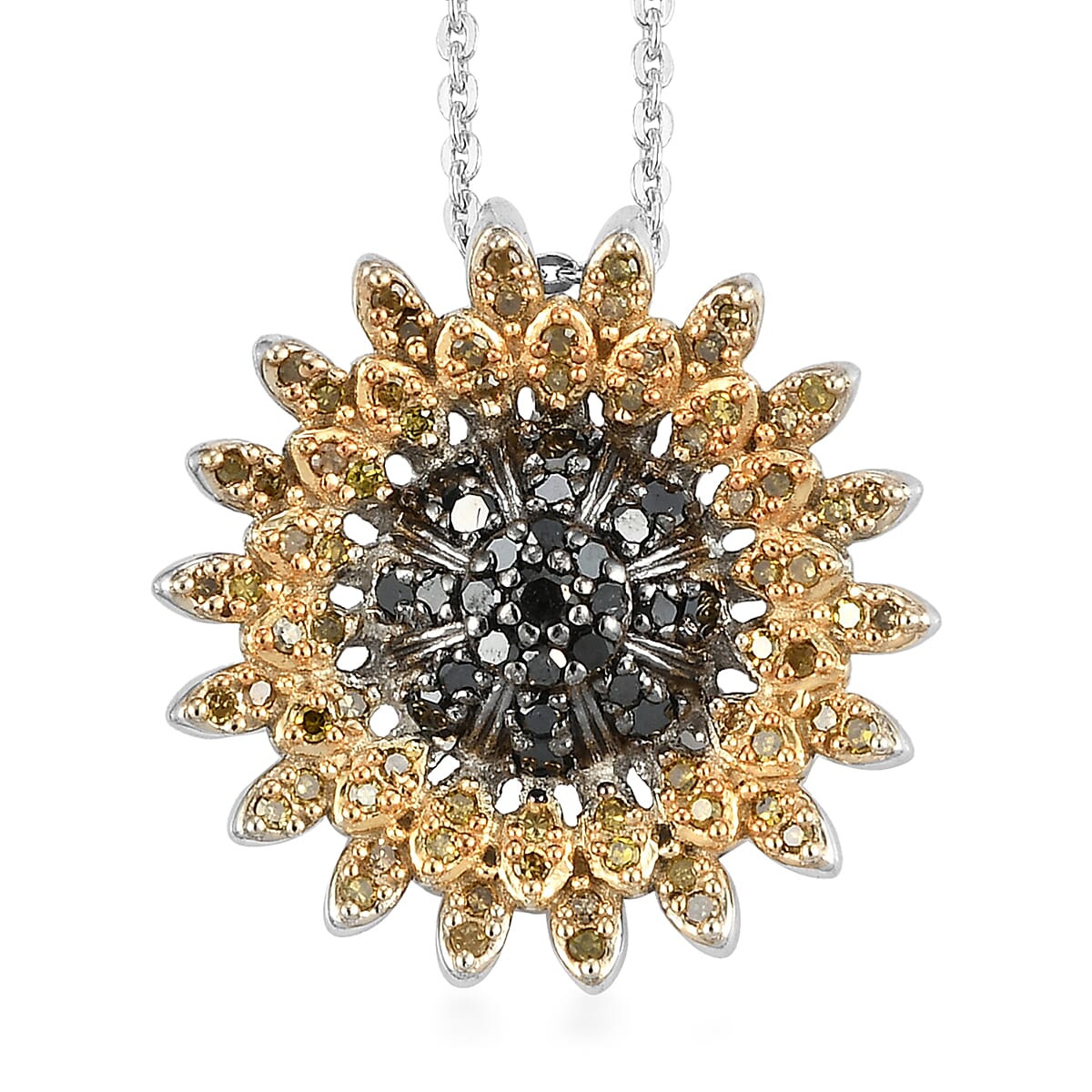 GP Italian Garden Collection Black and Yellow Diamond Floral Pendant Necklace 20 Inches in Rhodium and Platinum Over Sterling Silver 0.50 ctw