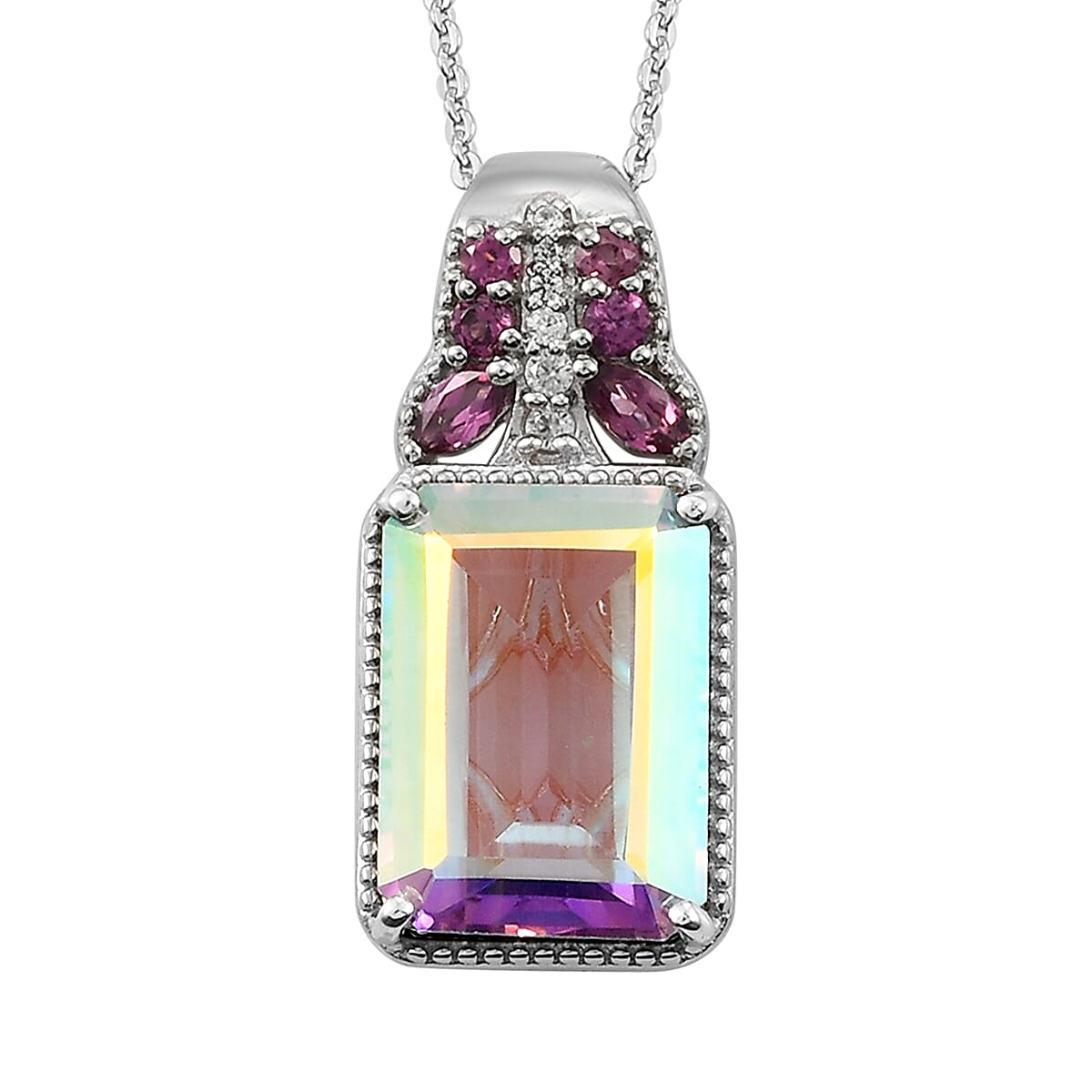 Mercury Mystic Topaz and Multi Gemstone Pendant Necklace 20 Inches in Platinum Over Sterling Silver 9.10 ctw