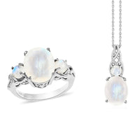 Moon Glow Moonstone Ring and Pendant Necklace 20 Inches in Platinum Over Sterling Silver 7.75 Grams 7.70 ctw