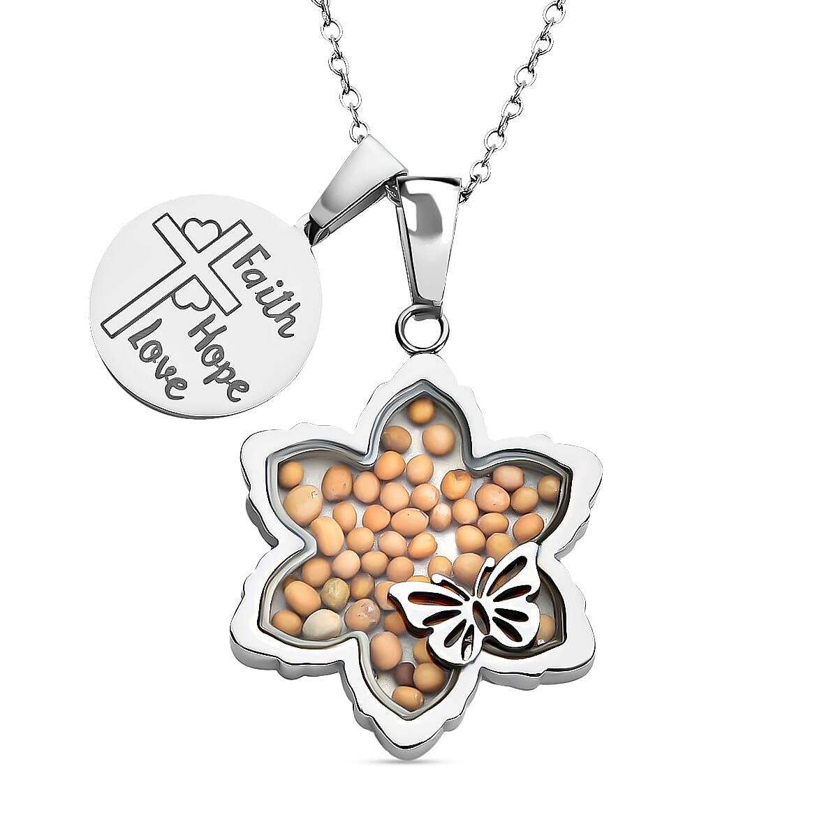 Mustard Seed Floral and Butterfly Pendant Necklace 24 Inches with Cross Charm in Stainless Steel