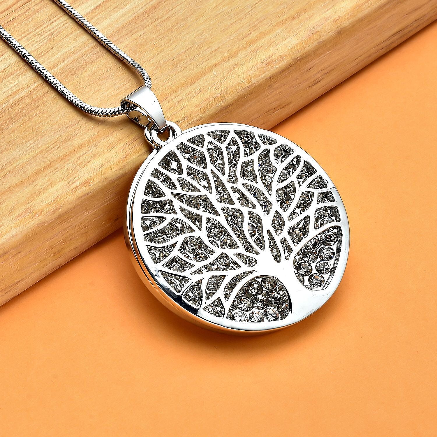 Austrian Crystal Tree of Life Pendant Necklace 29 Inches in Silvertone
