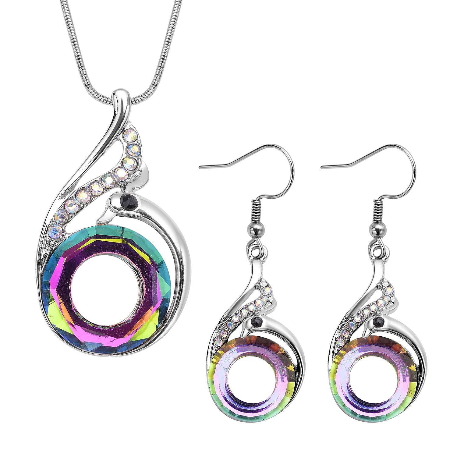 Simulated Purple Mystic Color Glass and Multi Color Austrian Crystal Peacock Earrings and Pendant Necklace 20-22 Inches in Silvertone