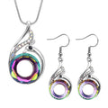 Simulated Purple Mystic Color Glass and Multi Color Austrian Crystal Peacock Earrings and Pendant Necklace 20-22 Inches in Silvertone - Sticky add to cart bar