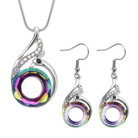 Simulated Purple Mystic Color Glass and Multi Color Austrian Crystal Peacock Earrings and Pendant Necklace 20-22 Inches in Silvertone