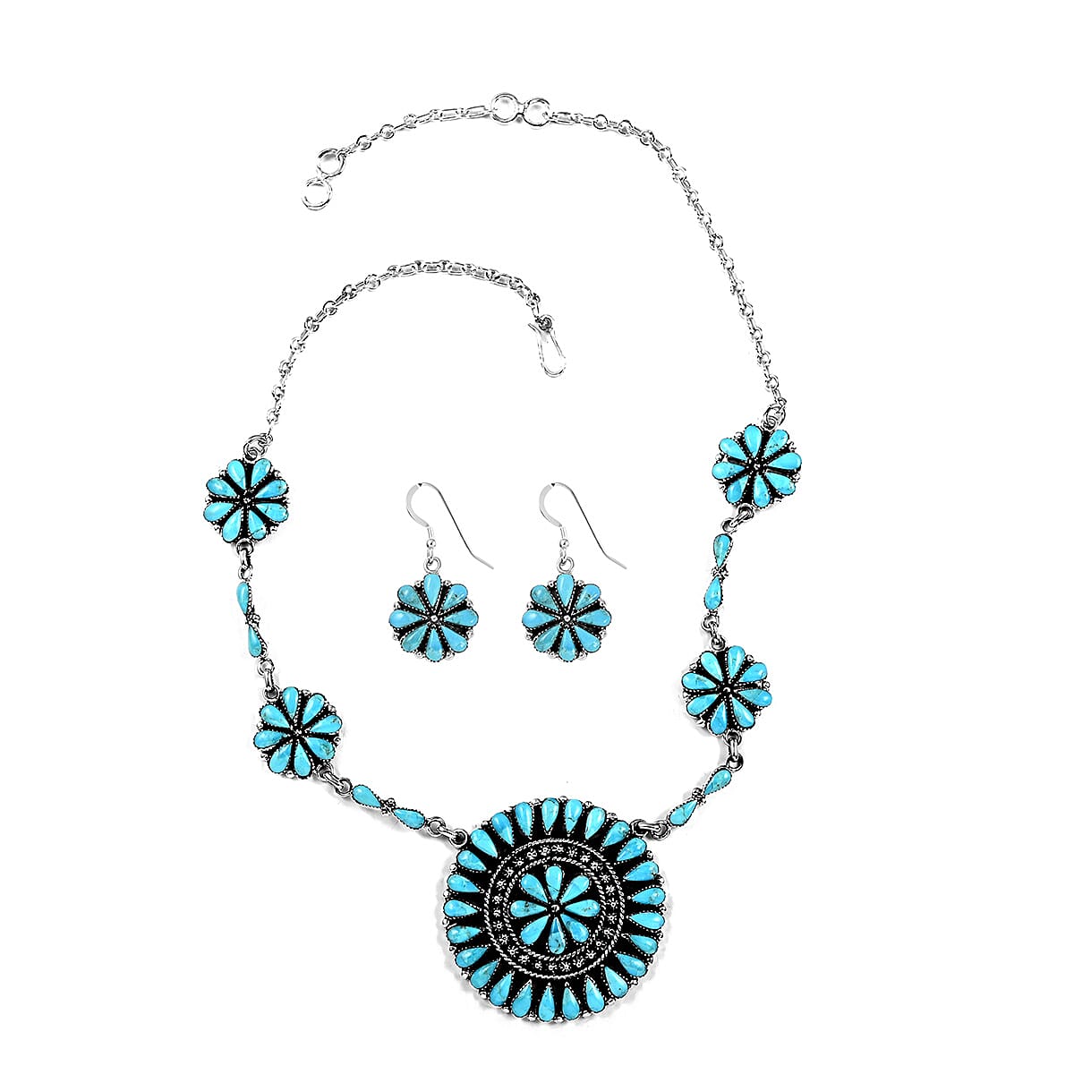 SANTA FE Style Kingman Turquoise Flower Inspired Dangle Earrings and Statement Necklace 18 Inches in Sterling Silver 46.50 Grams 72.50 ctw