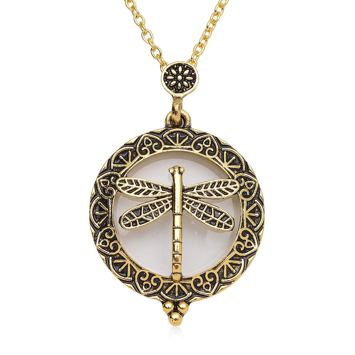 Dragonfly Inspired Magnifying Glass Pendant Necklace 28-30 Inches in Goldtone