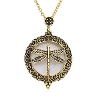 Dragonfly Inspired Magnifying Glass Pendant Necklace 28-30 Inches in Goldtone