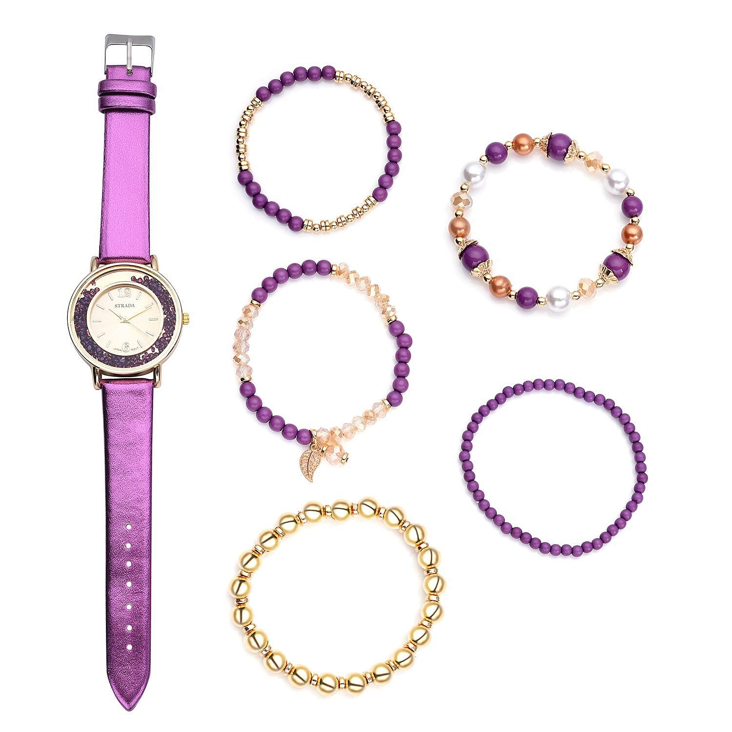 STRADA Purple Crystal Japanese Movement Watch with Purple Faux Leather Strap (40mm) and Set of 5 Golden Glass & Multi Color Resin Beaded Stretch Bracelet