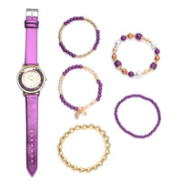 STRADA Purple Crystal Japanese Movement Watch with Purple Faux Leather Strap (40mm) and Set of 5 Golden Glass & Multi Color Resin Beaded Stretch Bracelet