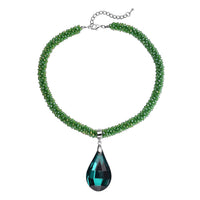 Simulated Emerald Pendant with Beaded Necklace 18-20 Inches in Silvertone