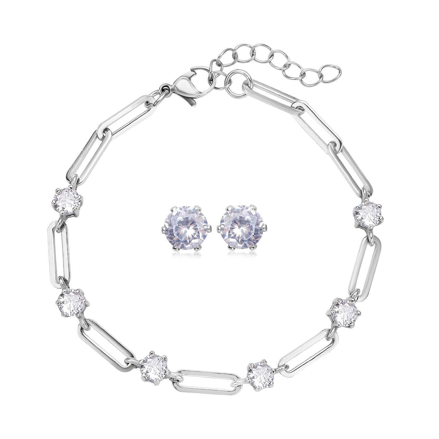 Simulated Diamond Paper Clip Chain Bracelet (7.5-9.0In) and Solitaire Stud Earrings in Stainless Steel 6.70 ctw