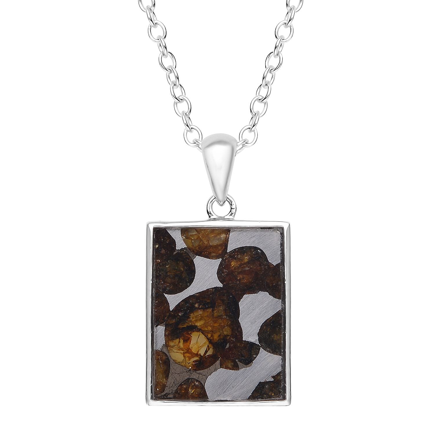 Marvelous Pallasite Pendant Necklace 18 Inches in Rhodium Over Sterling Silver 10.50 ctw